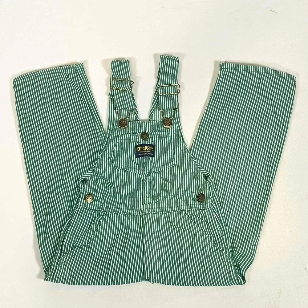 Vintage 80s 90s Osh Kosh Bgosh Green Railroad Striped Bib Overalls Kids Size 4